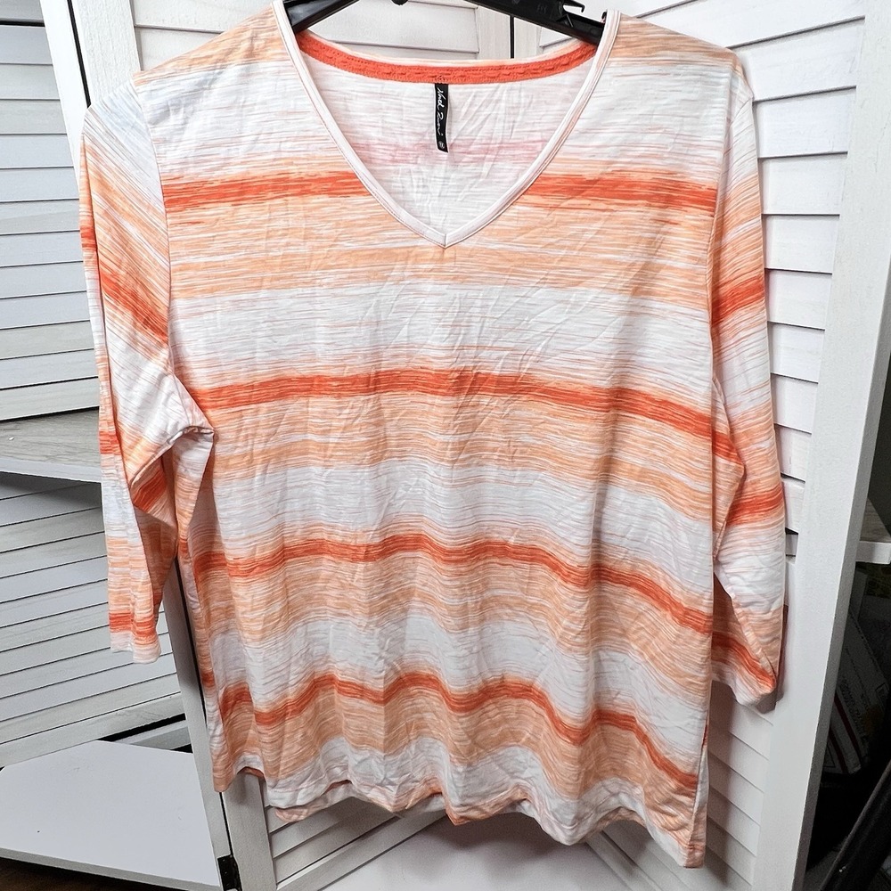 North River Orange‎ White Striped V-Neck Top XL 3/4 Sleeve Soft Lightweight NWOT